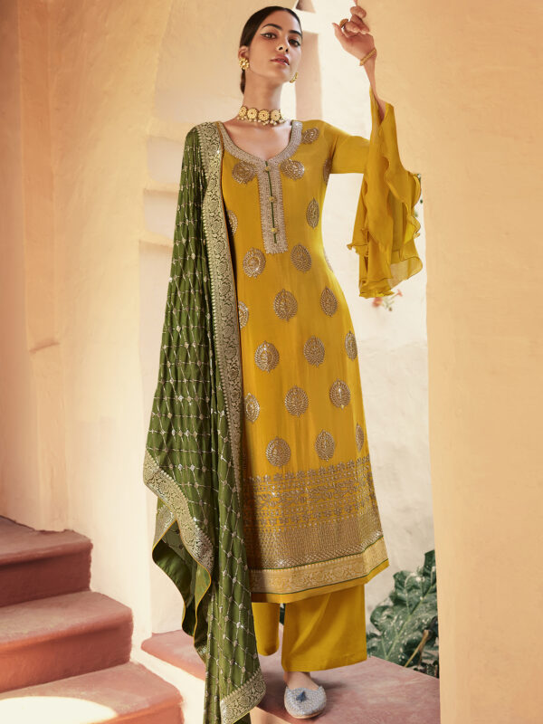 Stylee Lifestyle Yellow Chinon Chiffon Embroidered Dress Material