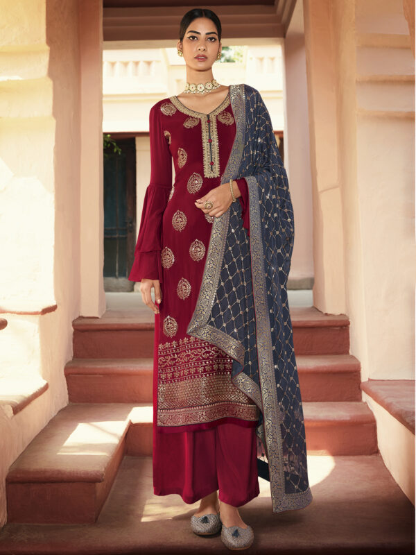 Stylee Lifestyle Maroon Chinon Chiffon Embroidered Dress Material