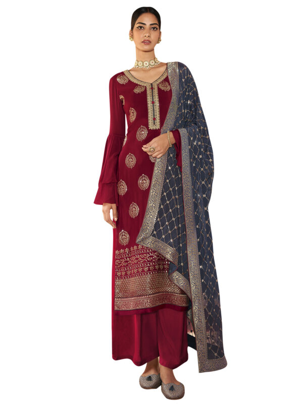 Stylee Lifestyle Maroon Chinon Chiffon Embroidered Dress Material