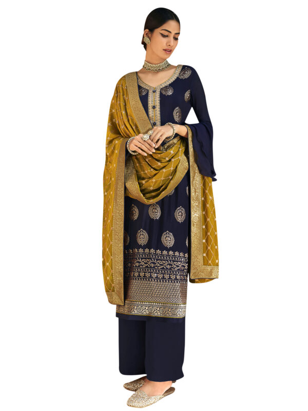 Stylee Lifestyle Navy Blue Chinon Chiffon Embroidered Dress Material