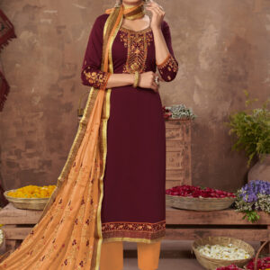 Stylee Lifestyle Maroon Jam Satin Embroidered Dress Material