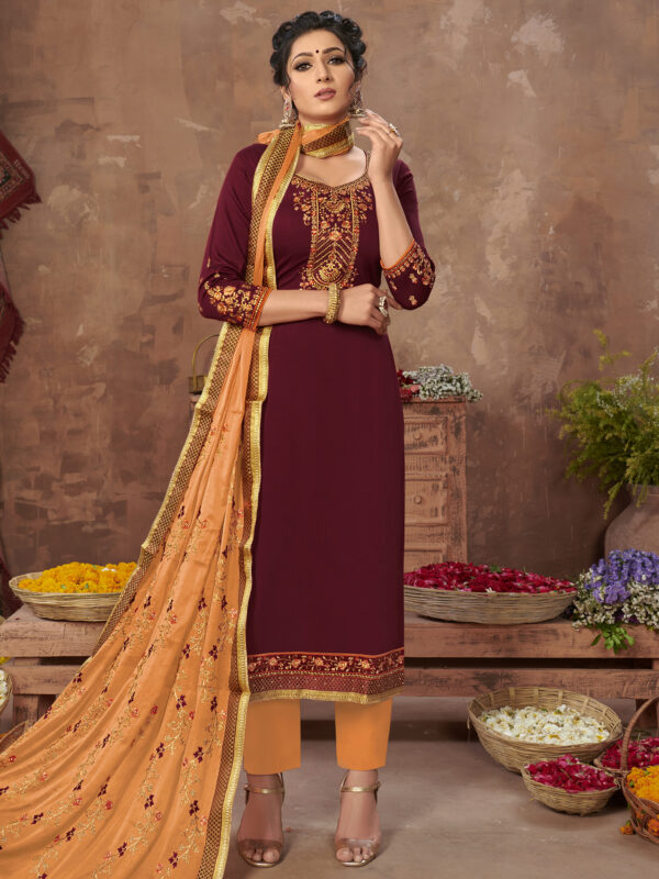 Stylee Lifestyle Maroon Jam Satin Embroidered Dress Material