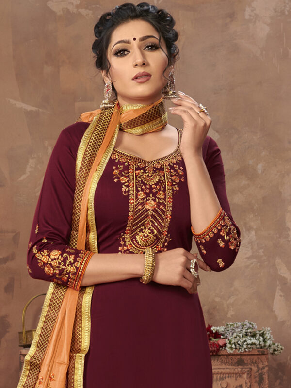 Stylee Lifestyle Maroon Jam Satin Embroidered Dress Material