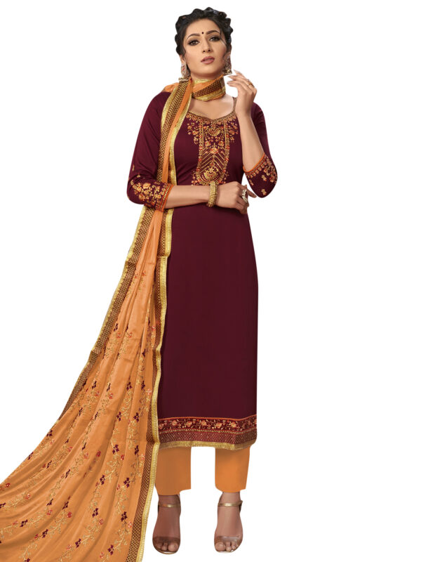 Stylee Lifestyle Maroon Jam Satin Embroidered Dress Material