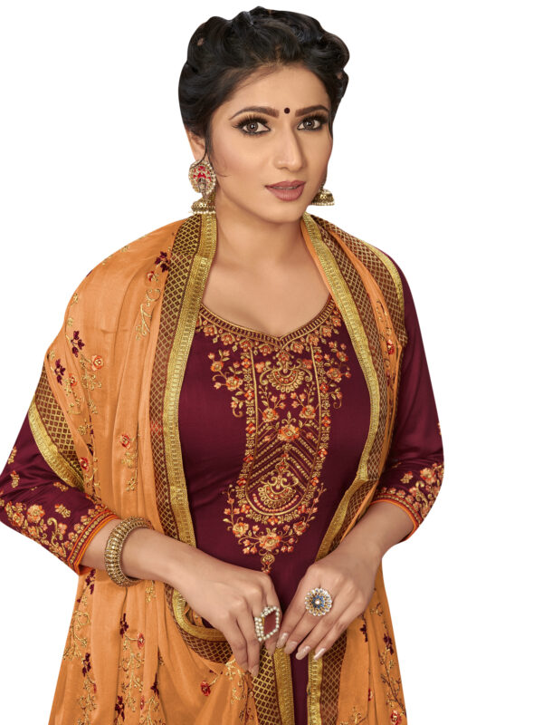 Stylee Lifestyle Maroon Jam Satin Embroidered Dress Material