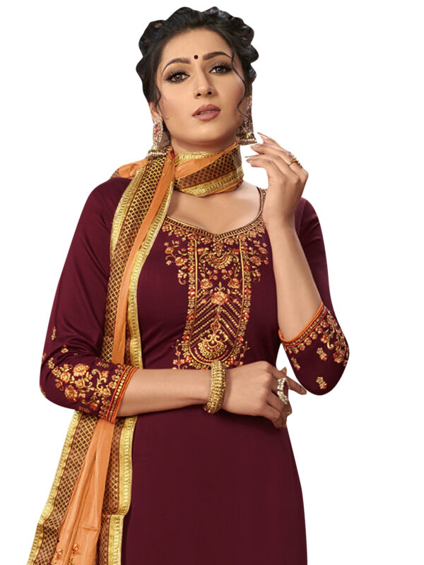 Stylee Lifestyle Maroon Jam Satin Embroidered Dress Material