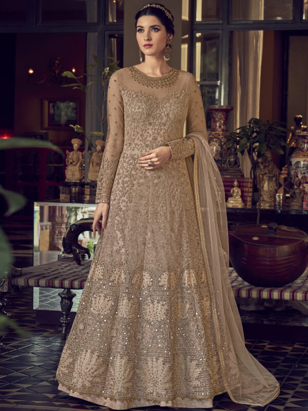 Stylee Lifestyle Beige Net Embroidered Dress Material