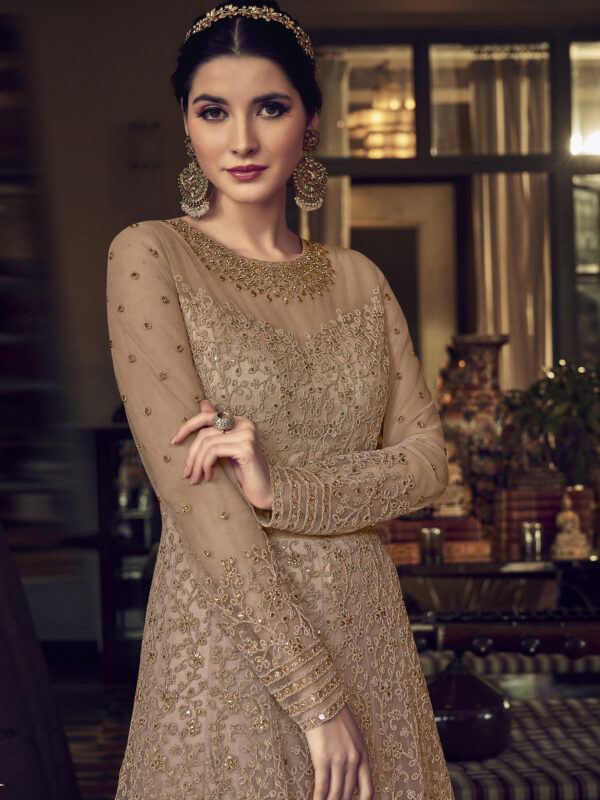 Stylee Lifestyle Beige Net Embroidered Dress Material