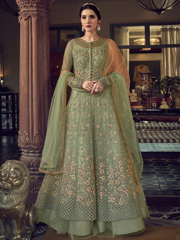 Stylee Lifestyle Green Net Embroidered Dress Material