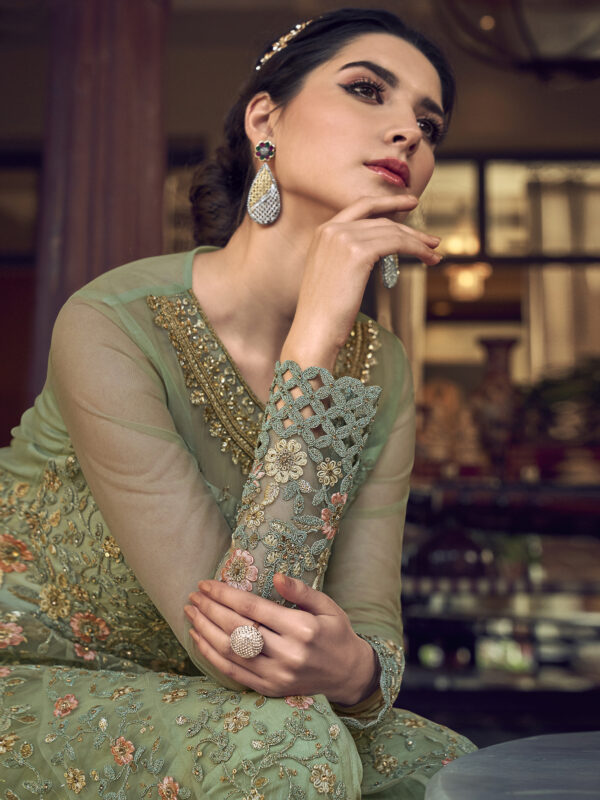 Stylee Lifestyle Green Net Embroidered Dress Material