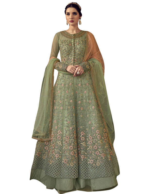 Stylee Lifestyle Green Net Embroidered Dress Material