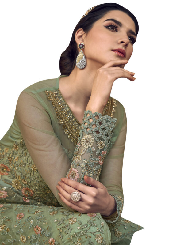 Stylee Lifestyle Green Net Embroidered Dress Material