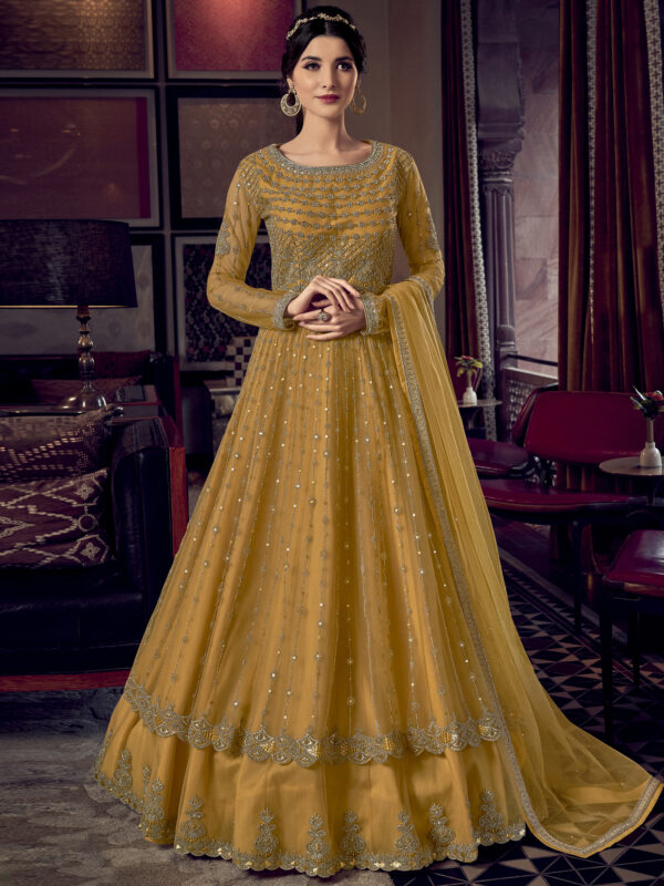 Stylee Lifestyle Yellow Net Embroidered Dress Material