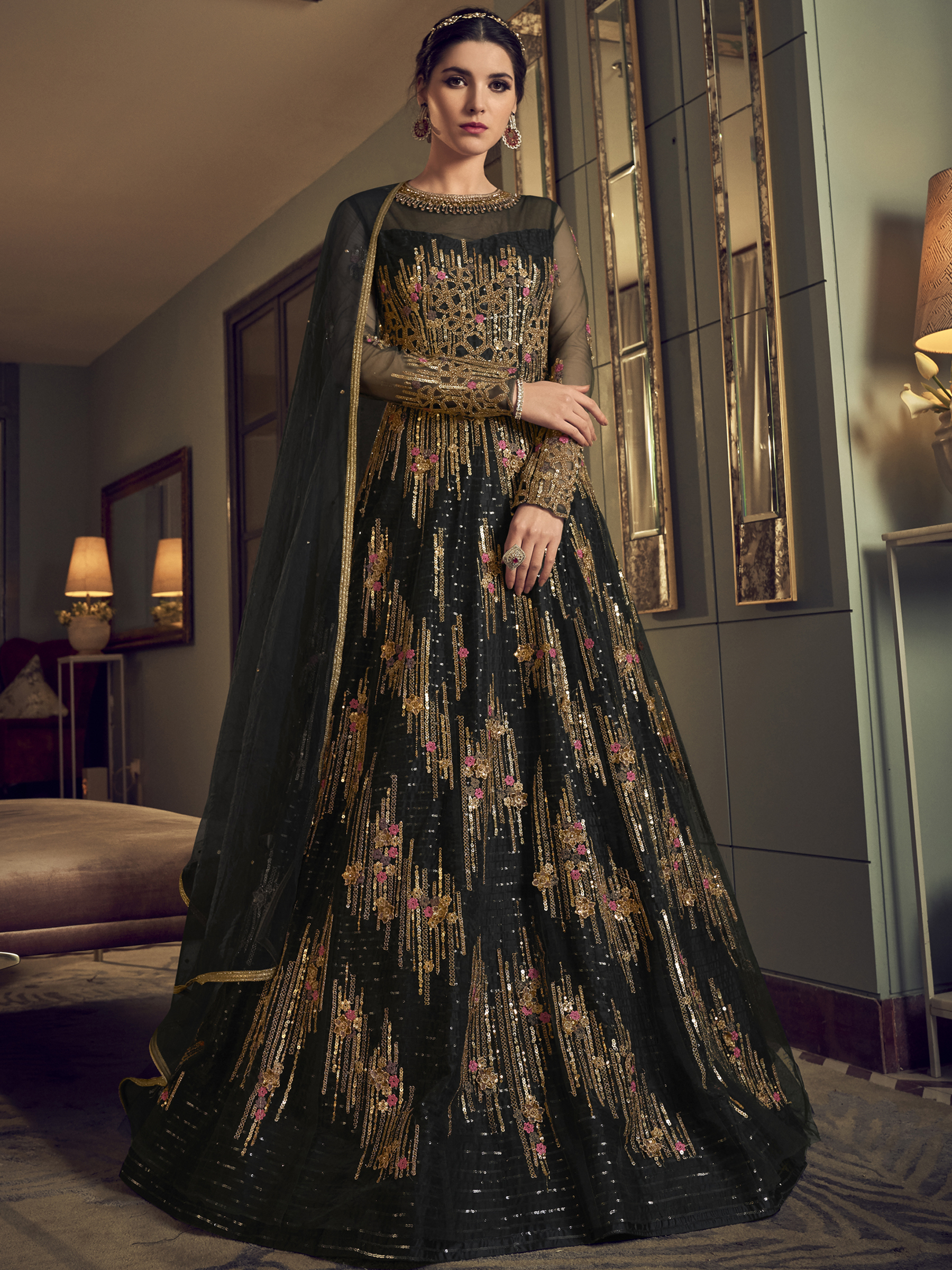Black Net Embroidered Dress Material – ElegantFashionWear.in