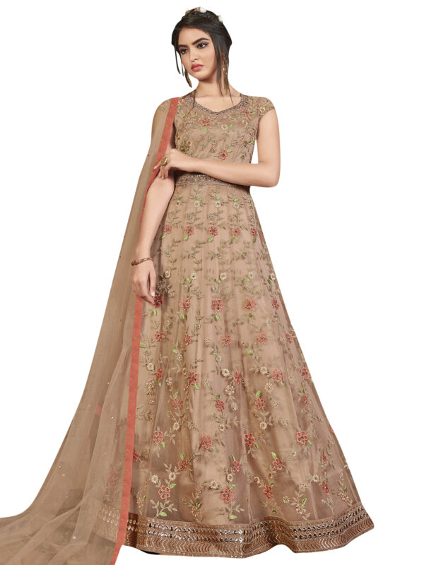 Stylee Lifestyle Beige Net Embroidered Dress Material