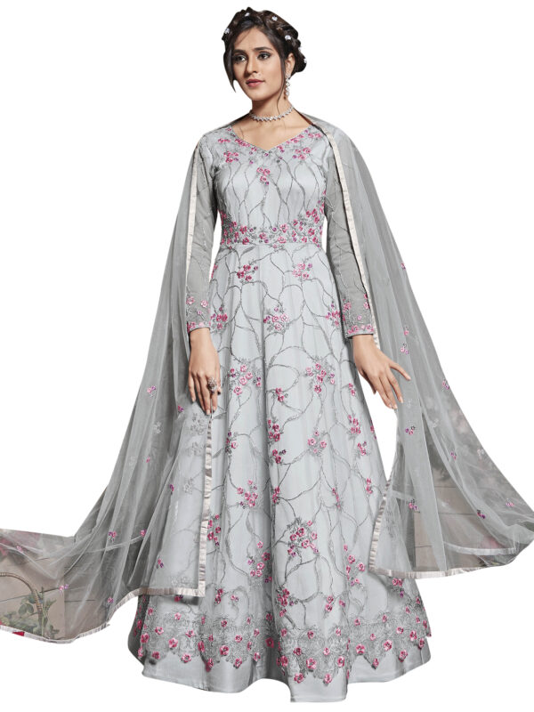 Stylee Lifestyle Grey Net Embroidered Dress Material