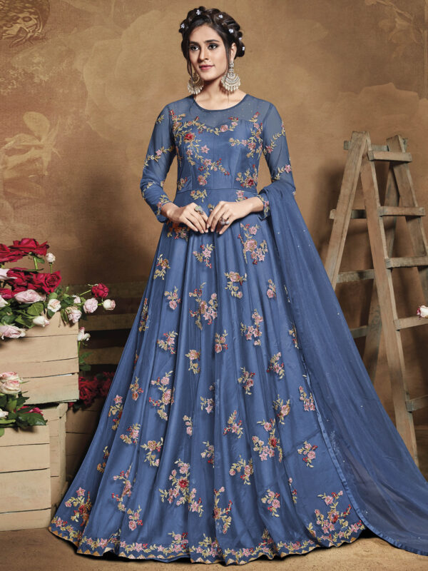 Stylee Lifestyle Blue Net Embroidered Dress Material