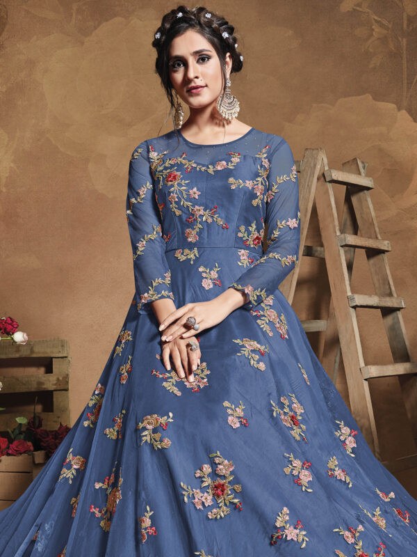Stylee Lifestyle Blue Net Embroidered Dress Material