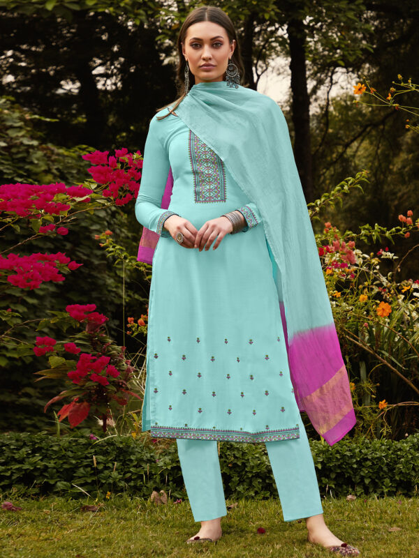 Stylee Lifestyle Sky Blue Muslin Embroidered Dress Material