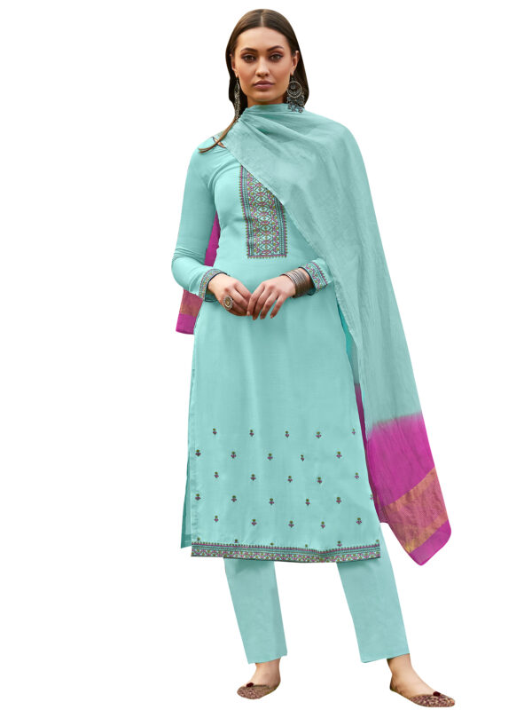 Stylee Lifestyle Sky Blue Muslin Embroidered Dress Material