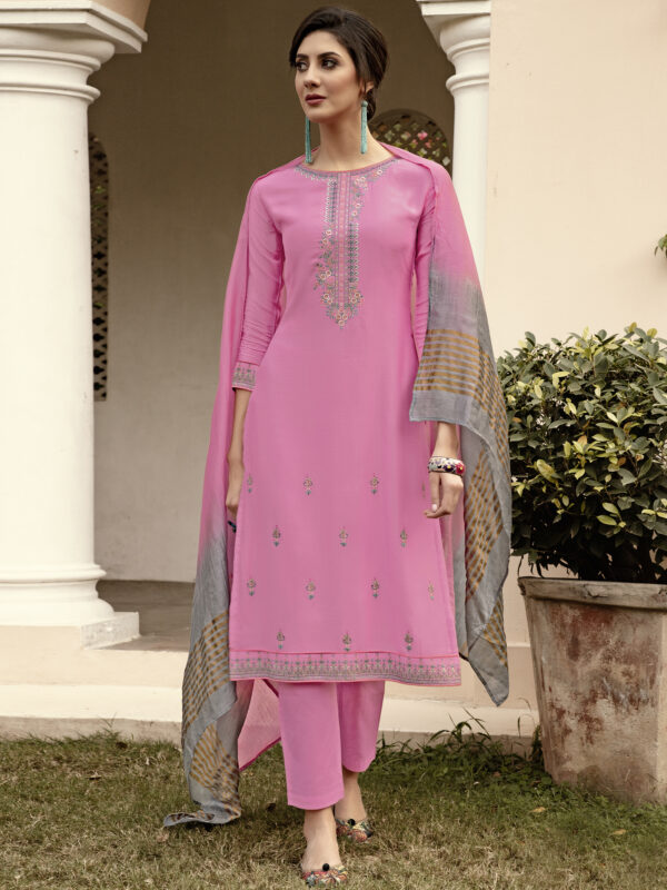 Stylee Lifestyle Pink Muslin Embroidered Dress Material