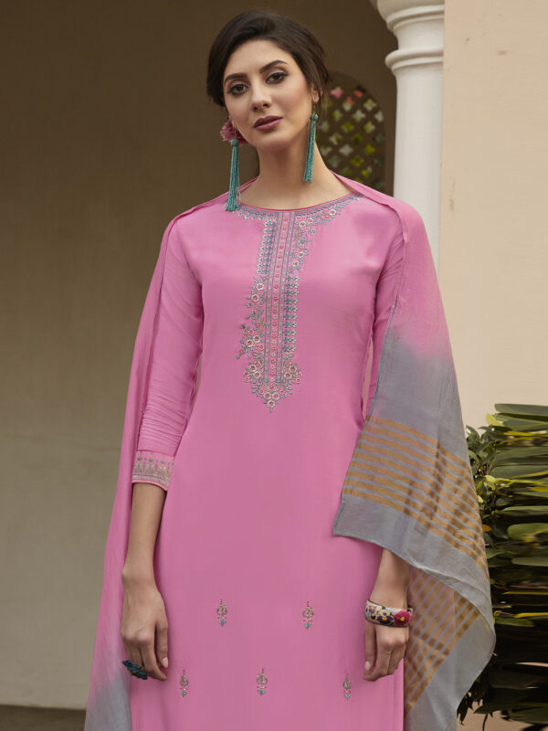 Stylee Lifestyle Pink Muslin Embroidered Dress Material