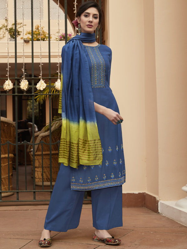 Stylee Lifestyle Blue Muslin Embroidered Dress Material