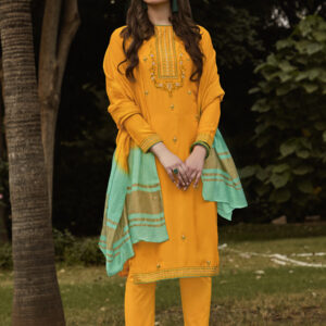 Stylee Lifestyle Yellow Muslin Embroidered Dress Material