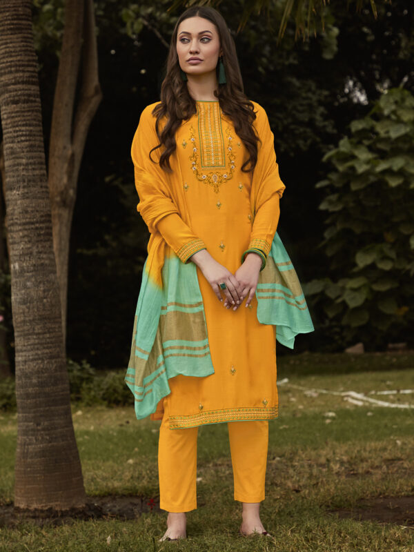 Stylee Lifestyle Yellow Muslin Embroidered Dress Material