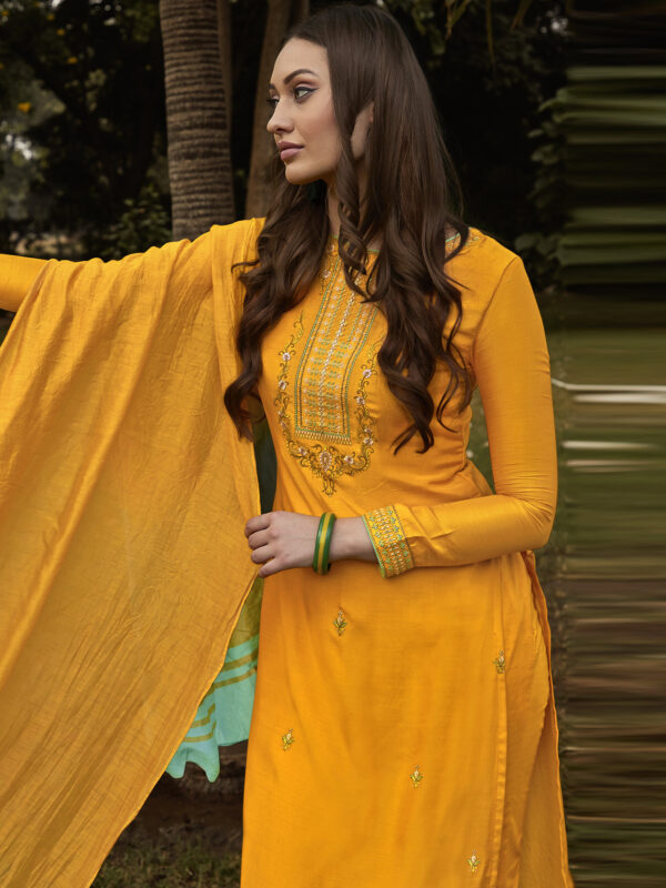 Stylee Lifestyle Yellow Muslin Embroidered Dress Material