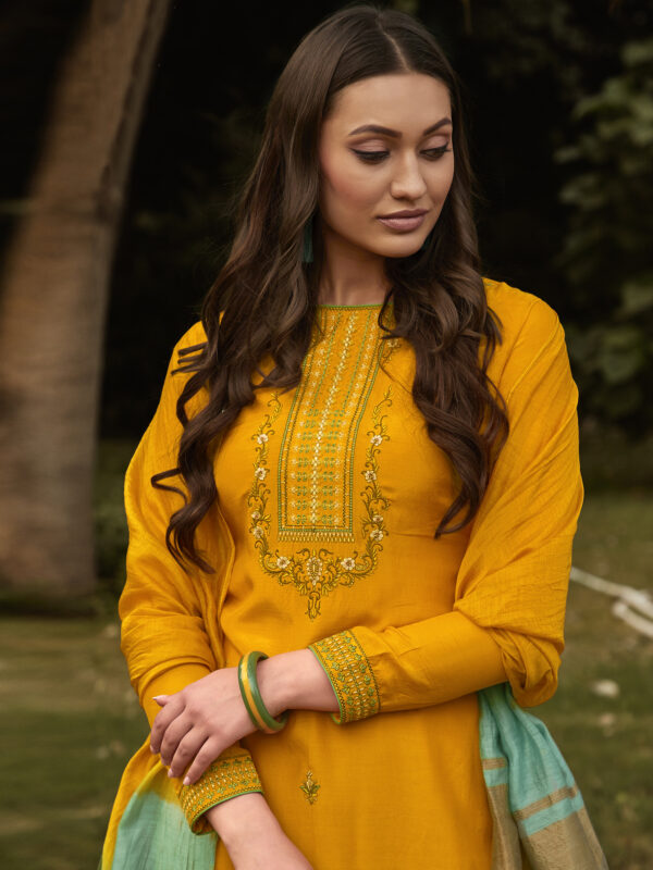 Stylee Lifestyle Yellow Muslin Embroidered Dress Material