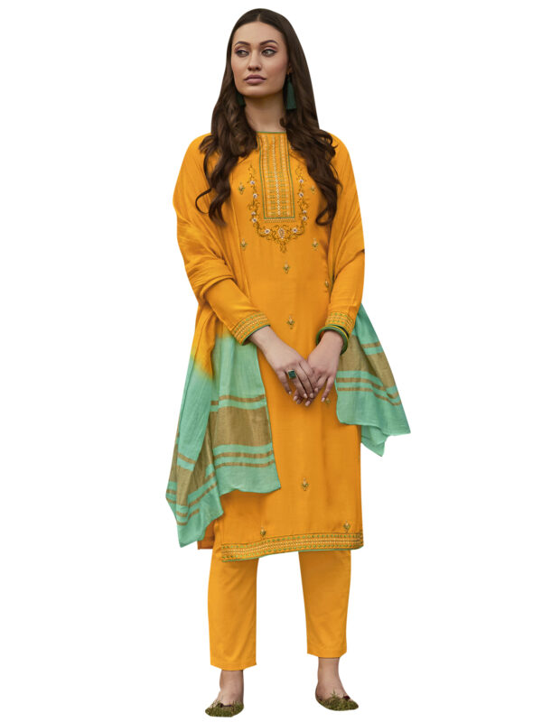 Stylee Lifestyle Yellow Muslin Embroidered Dress Material