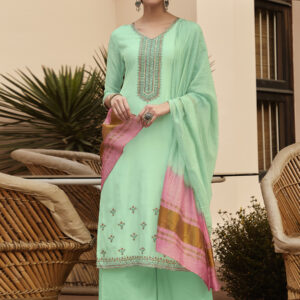 Stylee Lifestyle Green Muslin Embroidered Dress Material