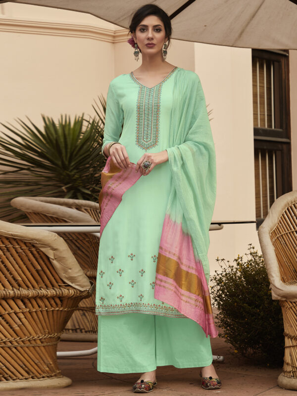 Stylee Lifestyle Green Muslin Embroidered Dress Material