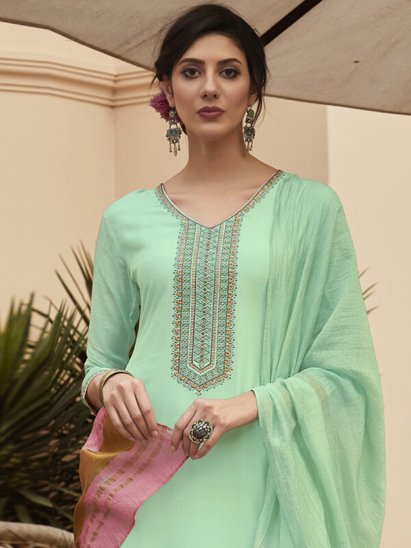 Stylee Lifestyle Green Muslin Embroidered Dress Material