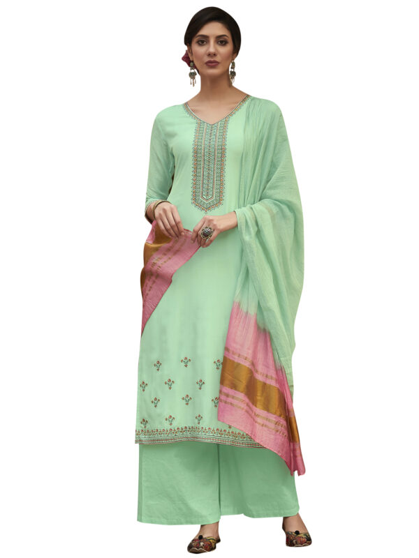 Stylee Lifestyle Green Muslin Embroidered Dress Material