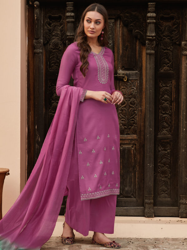 Stylee Lifestyle Magenta Muslin Embroidered Dress Material