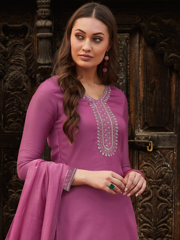 Stylee Lifestyle Magenta Muslin Embroidered Dress Material