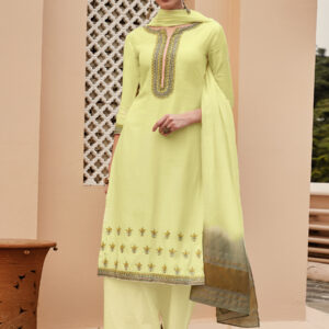 Stylee Lifestyle Lemon Yellow Muslin Embroidered Dress Material