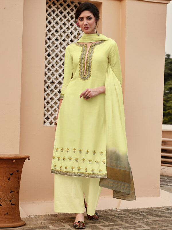 Stylee Lifestyle Lemon Yellow Muslin Embroidered Dress Material