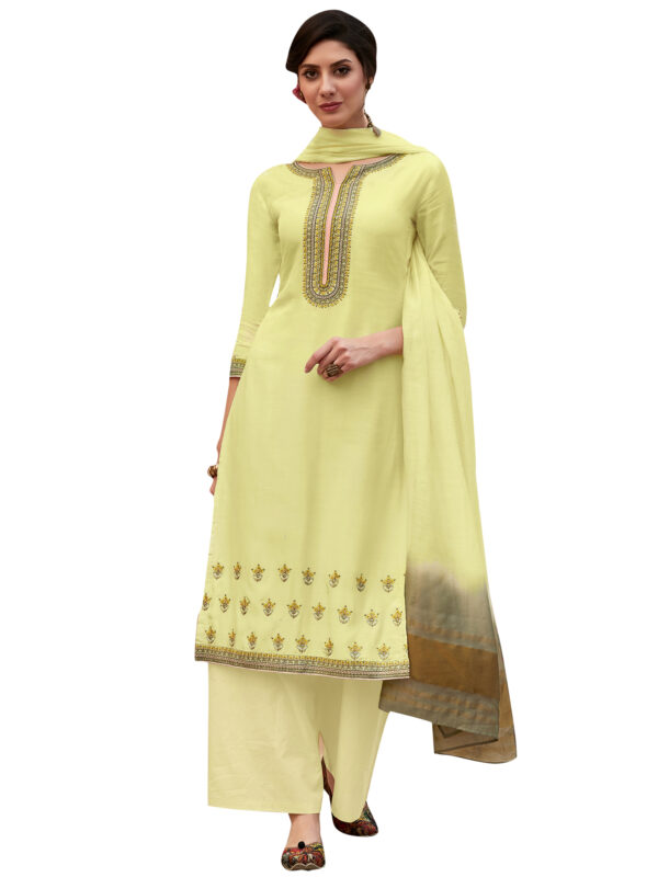 Stylee Lifestyle Lemon Yellow Muslin Embroidered Dress Material