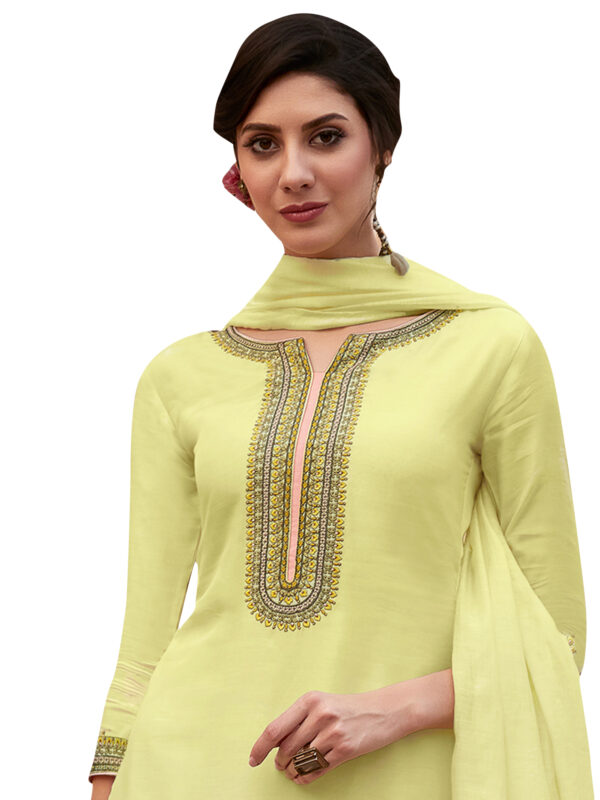 Stylee Lifestyle Lemon Yellow Muslin Embroidered Dress Material