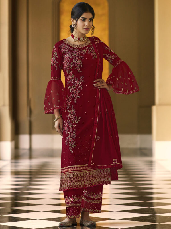 Stylee Lifestyle Red Georgette Embroidered Dress Material