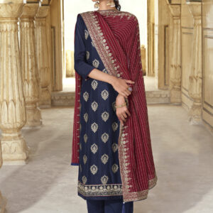 Stylee Lifestyle Navy Blue Art Silk Embroidered Dress Material