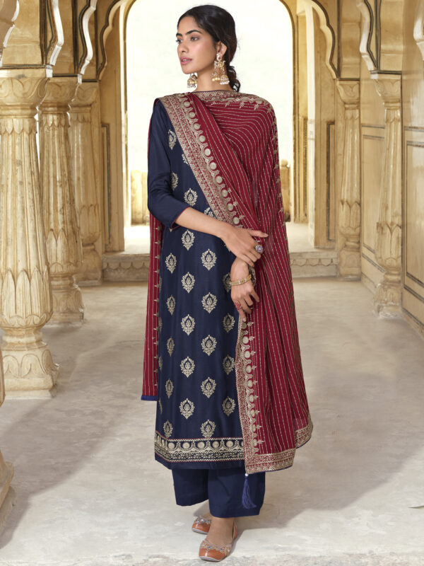 Stylee Lifestyle Navy Blue Art Silk Embroidered Dress Material