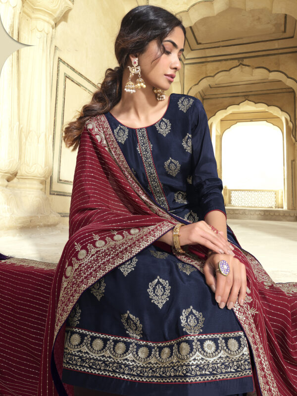 Stylee Lifestyle Navy Blue Art Silk Embroidered Dress Material