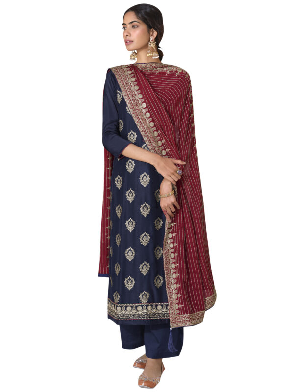 Stylee Lifestyle Navy Blue Art Silk Embroidered Dress Material