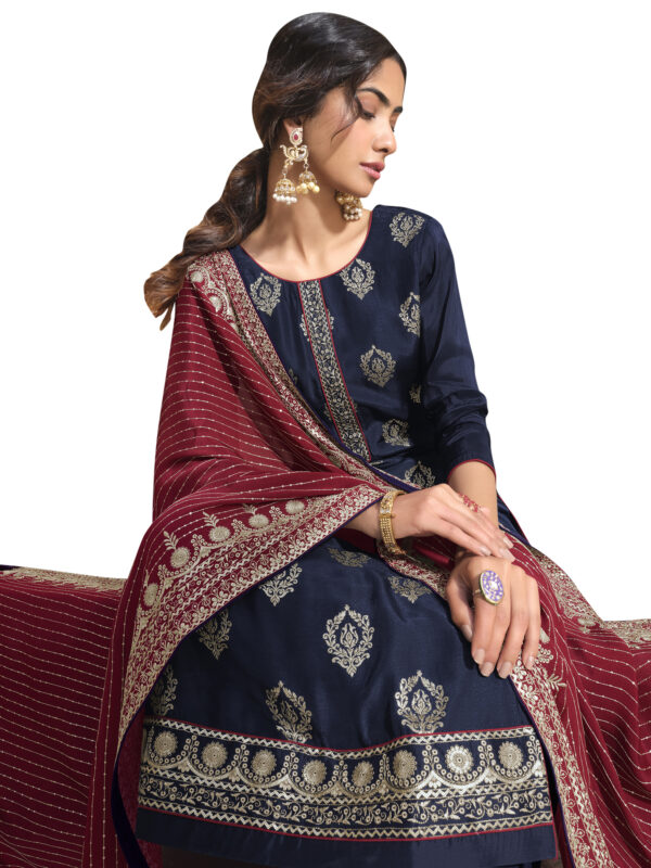 Stylee Lifestyle Navy Blue Art Silk Embroidered Dress Material