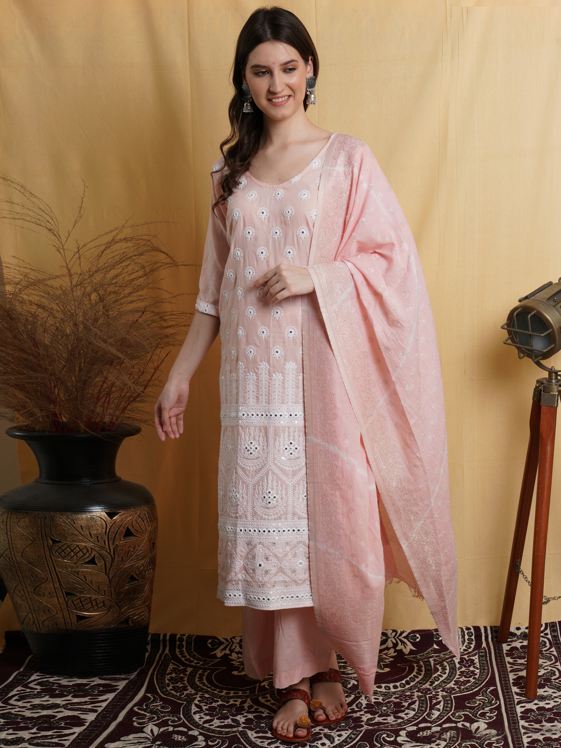 Designer Pink Cotton Chikankari Lakhnavi Embroidered Dress Material CHKS04