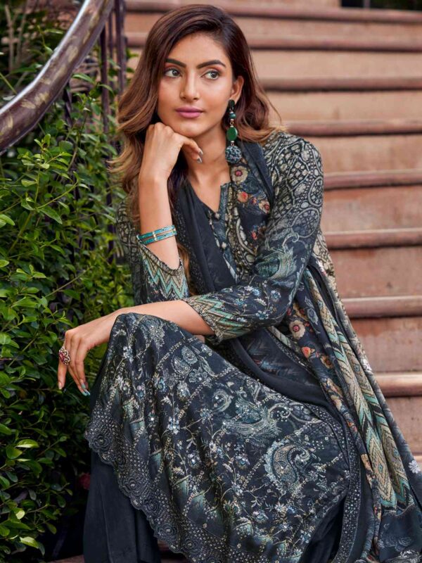 Allover Contrast Floral Digital Print With Resham Thread Work & Sequin - Image 3